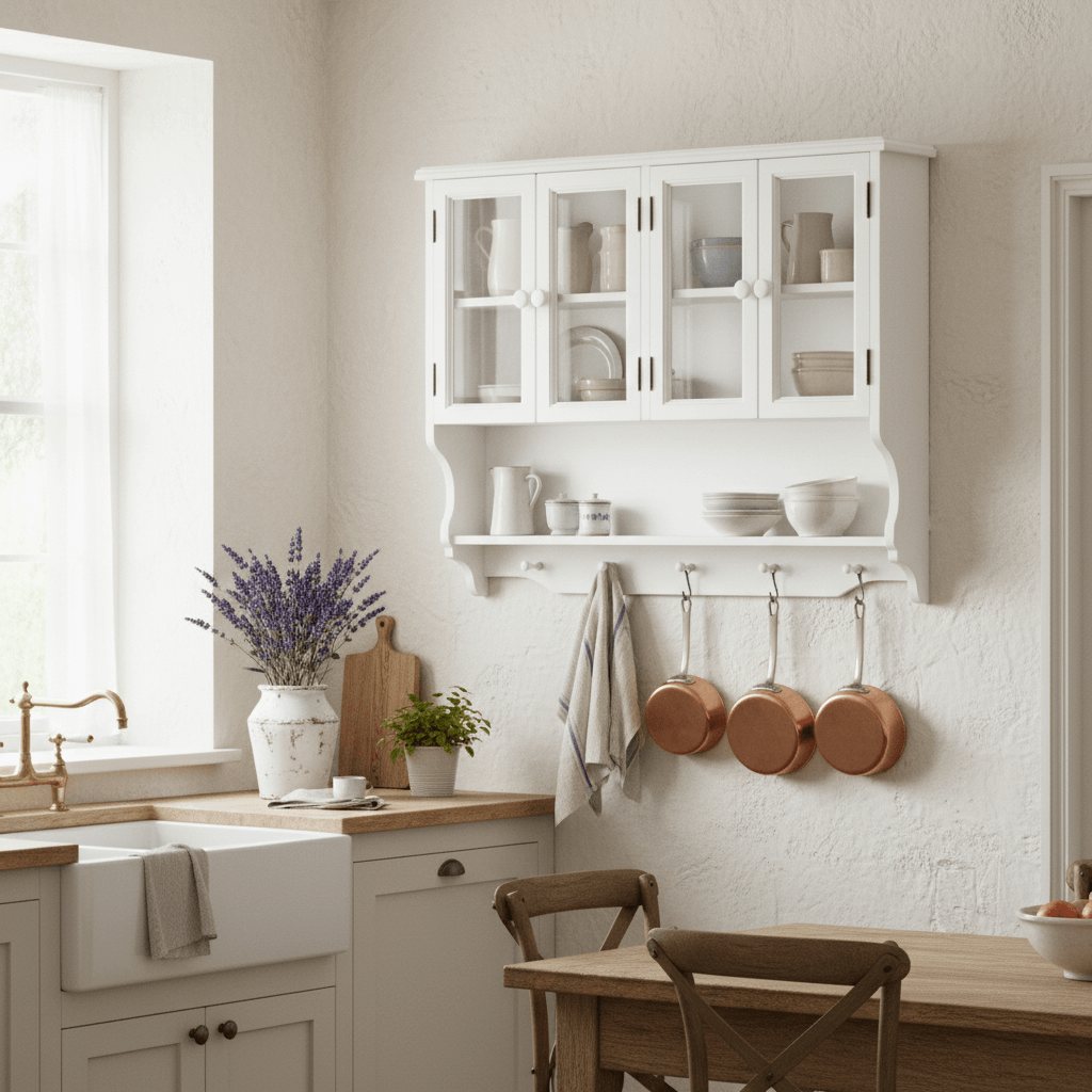 French Country Wall-Mounted Kitchen Cabinet - White Distressed