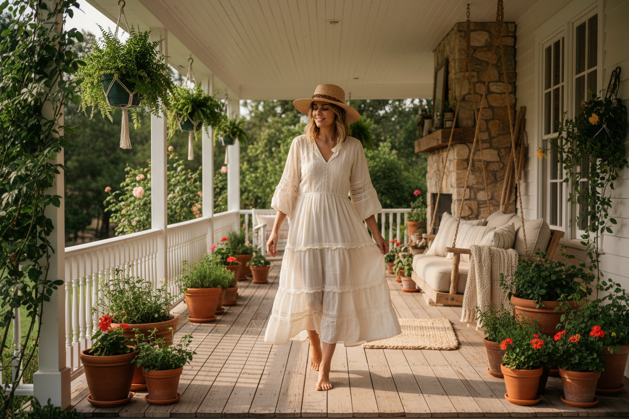 Woman in dress on farmhouse porch